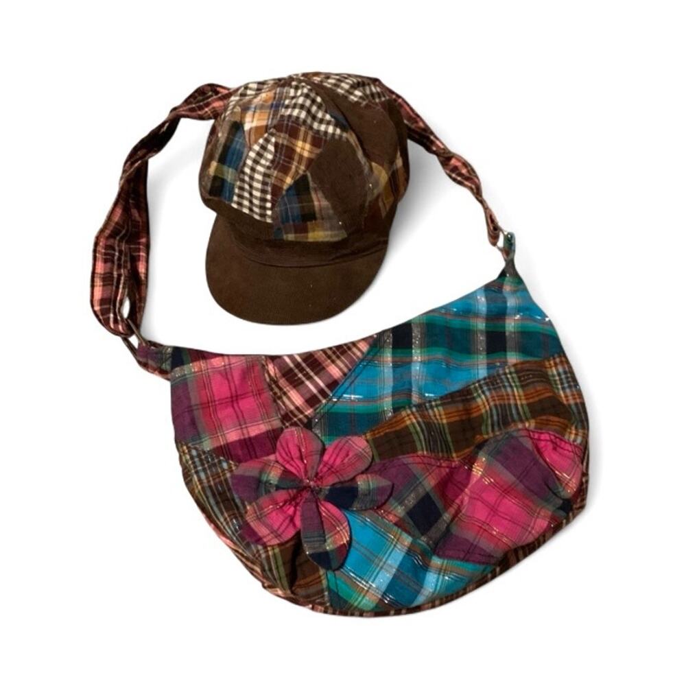 Y2K Boho Kidcore Brown Patchwork Hat & Matching Purse Set